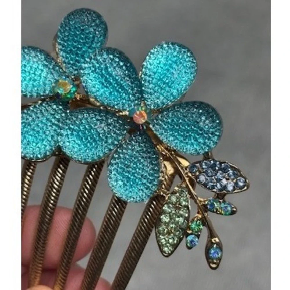 Gold Tone Turquoise Floral Rhinestone Hair Comb Crystal Leaf Bridal‎ Accessory